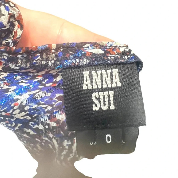 Anna Sui Wrap Mini Dress Short Sleeve Abstract Print Silk Blue Metallic Size 0 - Picture 7 of 8